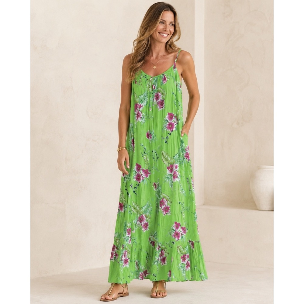 Soft Surroundings Green Floral Crinkle Maxi Slip Dress Women's M/L